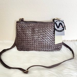Valentina Woven Genuine Italian Leather Crossbody Bag Clutch in Dark Brown